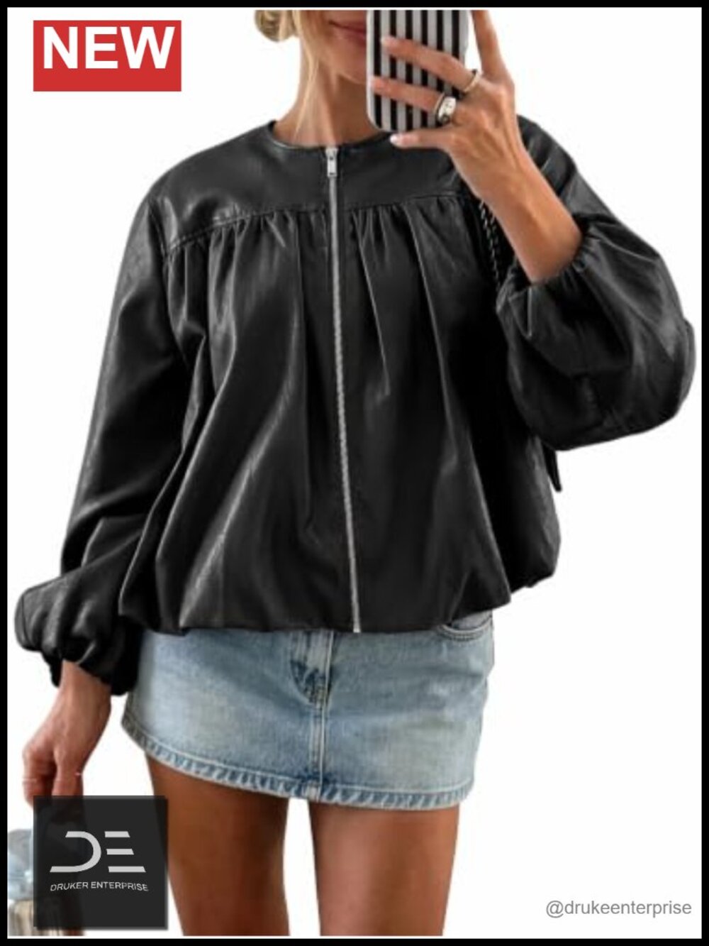 Faux Leather Zip Up Bomber Jacket Bubble Hem Cropped Coat Puff Sleeve